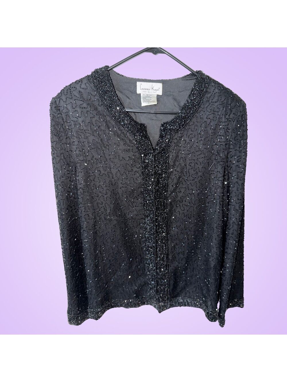 Vintage Laurence Kazar Black Beaded Silk Evening Jacket Size L Hook Eye Front